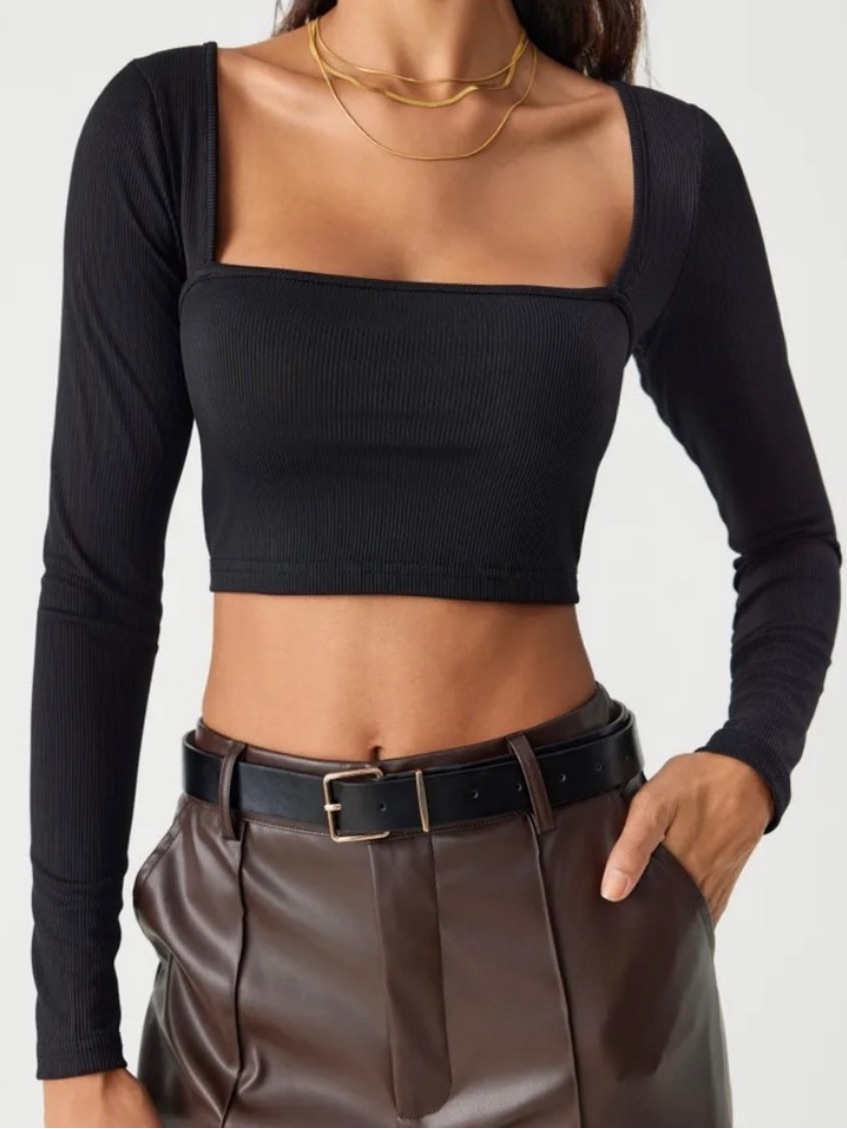 Cider Black Square Neck Ribbed Long Sleeve Crop Top S